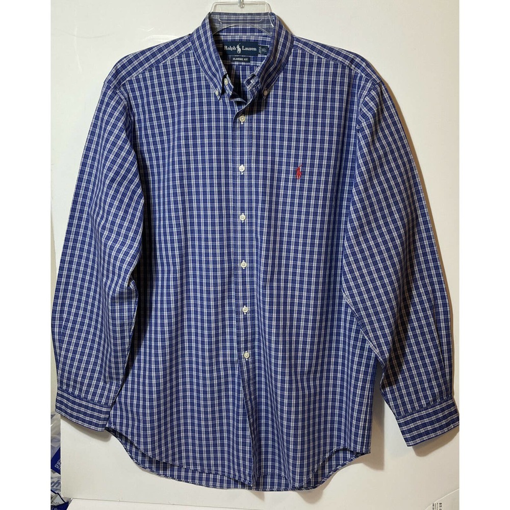 RALPH LAUREN Men’s 16 L Classic Fit Shirt Blue Plaid